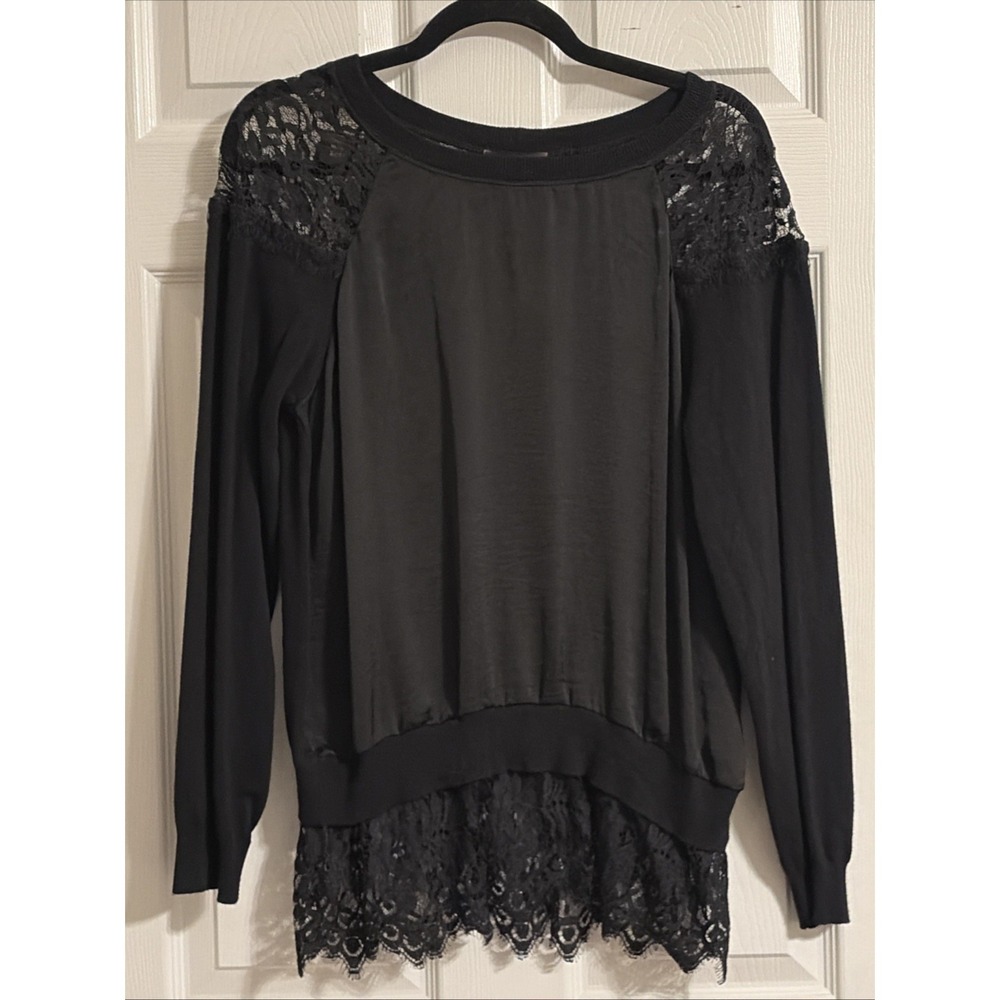 Hale Bob Black Mixed Media Lace Hem Knit & Silky Long Sleeve Sweater Size L